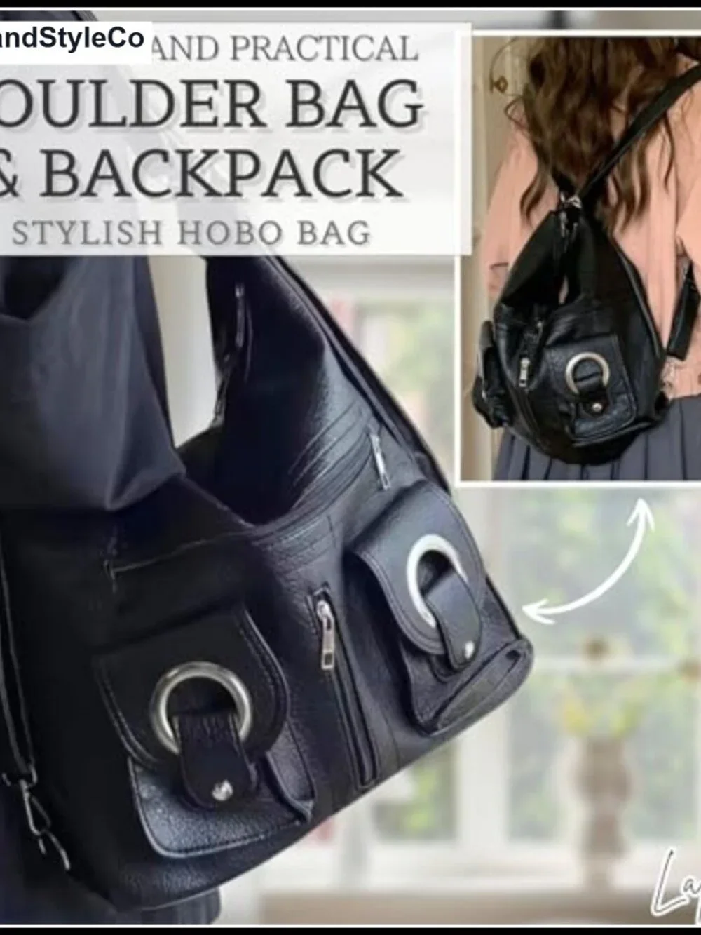 Faux Leather Slouchy Hobo Shoulder Bag 2-Way Backpack Handbag Purse